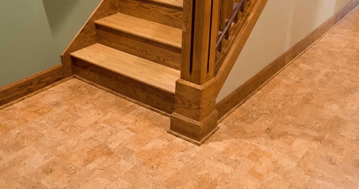 End of a staircase with cork flooring in Oklahoma City, OK