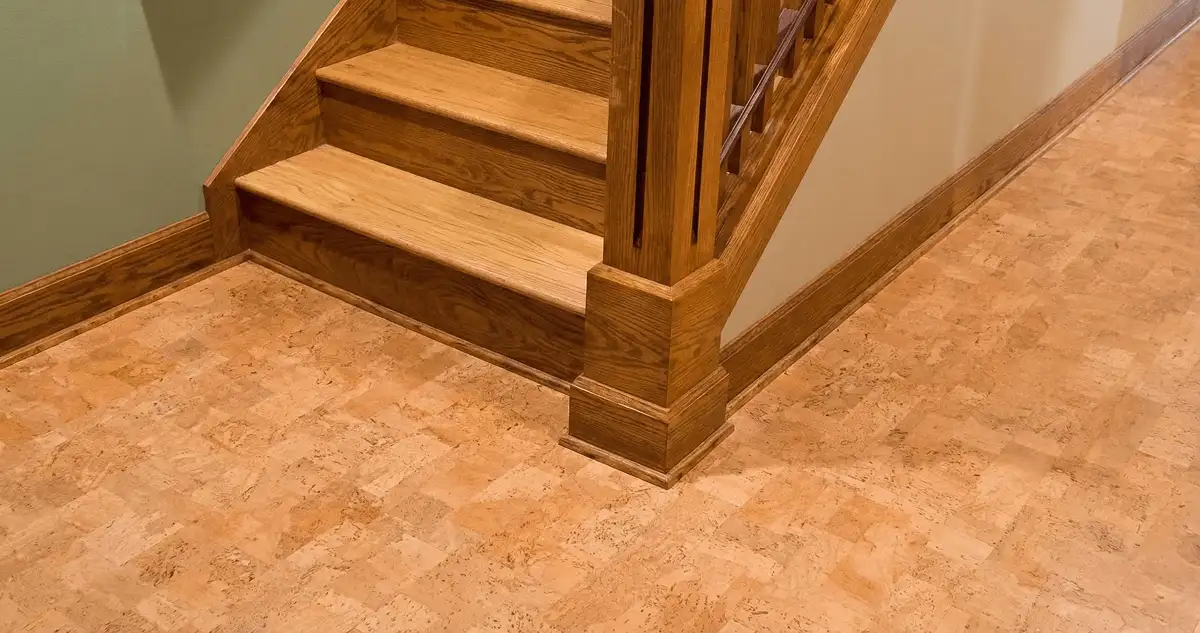 End of a staircase with cork flooring in Oklahoma City, OK