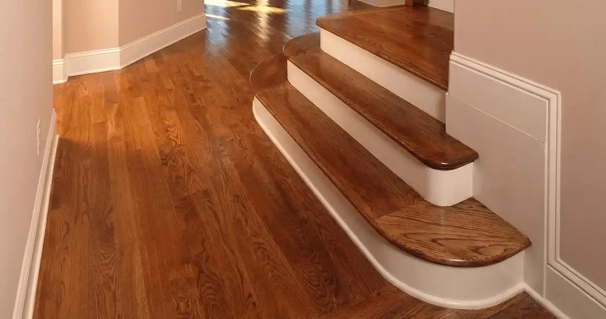 Base floor of a staircase with professionally restored wood flooring in Oklahoma City OK