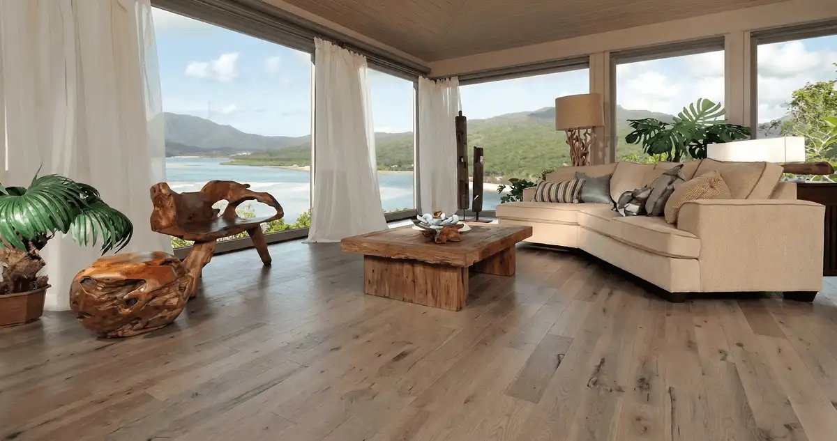 Professionally installed vinyl flooring in a modern living room with large windows in Oklahoma City, OK